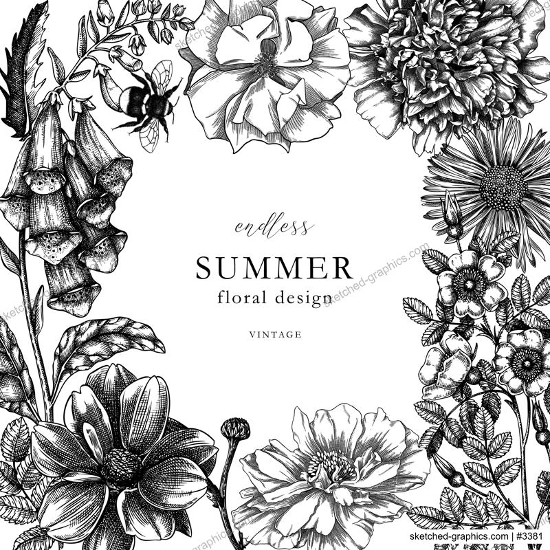 Summer flowers square card or invitation template. Hand-sketched garden plants frame in engraved style. Botanical illustration with flower outlines. Perfect for banners, wedding or event design