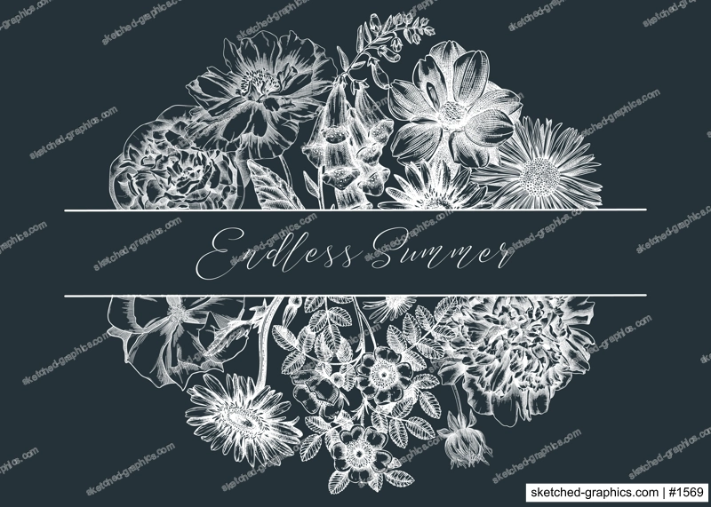 Summer flowers composition in vintage style. Hand-sketched garden plants frame design on chalkboard. Perfect for greeting cards, wedding invites, banners. Botanical illustration with floral outlines.