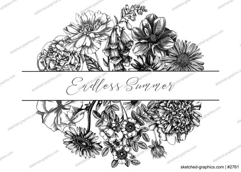 Summer flowers composition in vintage style. Hand-sketched garden plants frame design. Perfect for greeting cards, wedding invites, banners. Botanical illustration with floral outlines.