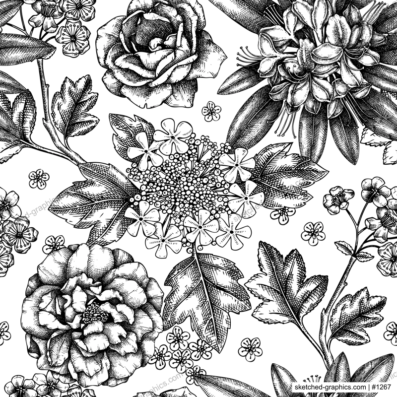 Summer garden plants seamless pattern. Vintage azaleas, hawthorns, roses sketches. Vector floral background with hand drawn botanical elements. For wrapping paper, greeting cards, banners, packaging.