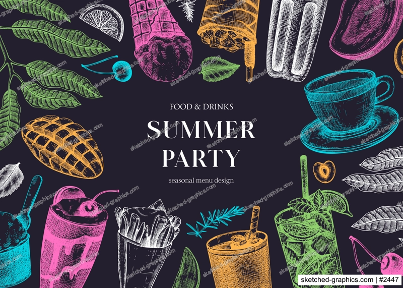 Summer party background. Non-alcoholic beverage, mocktail, ice cream, fruit, cocktail sketches. Hand drawn vector illustration. Summer food festival frame. Tropical design on chalkboard