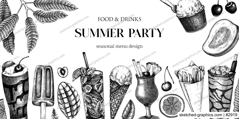 Summer party background. Non-alcoholic beverage, mocktail, ice cream, fruit, cocktail sketches. Hand drawn vector illustration. Summer food festival frame. Bar menu. Tropical design