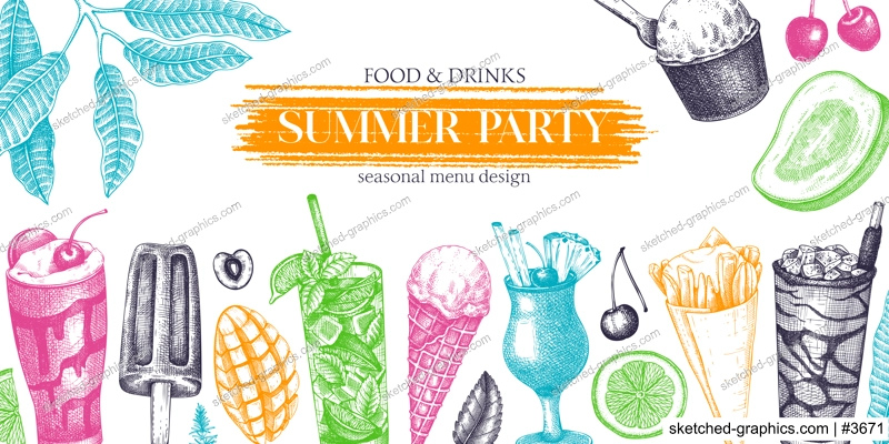 Summer party background. Non-alcoholic beverage, mocktail, ice cream, fruit, cocktail sketches. Hand drawn vector illustration. Summer food festival frame. Bar menu. Tropical design in color