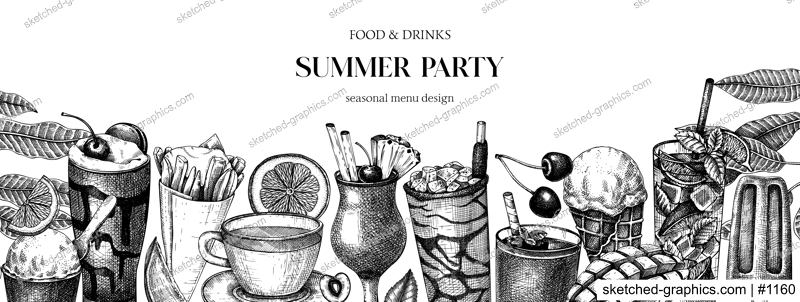 Summer party background. Non-alcoholic beverage, mocktail, ice cream, fruit, cocktail sketches. Hand drawn vector illustration. Summer food and drinks. Vintage bar menu. Tropical design