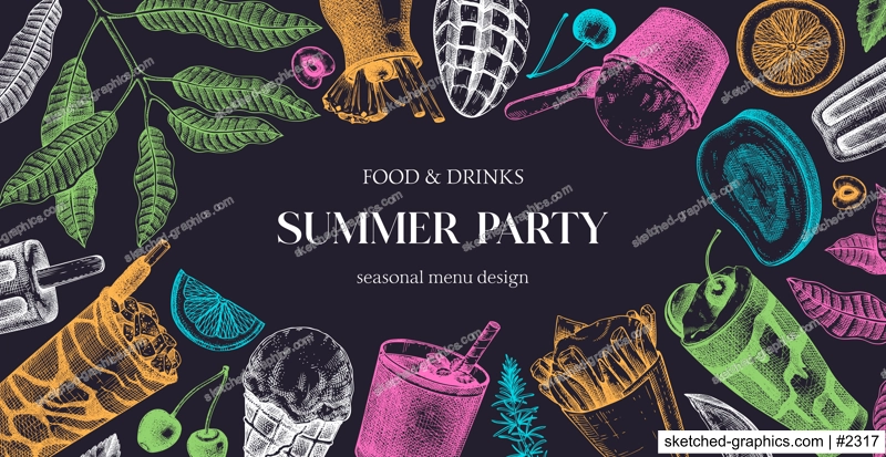 Summer party background. Non-alcoholic beverage, mocktail, ice cream, fruit, cocktail sketches. Hand drawn vector illustration. Summer food and drinks banner. Tropical frame design. 
