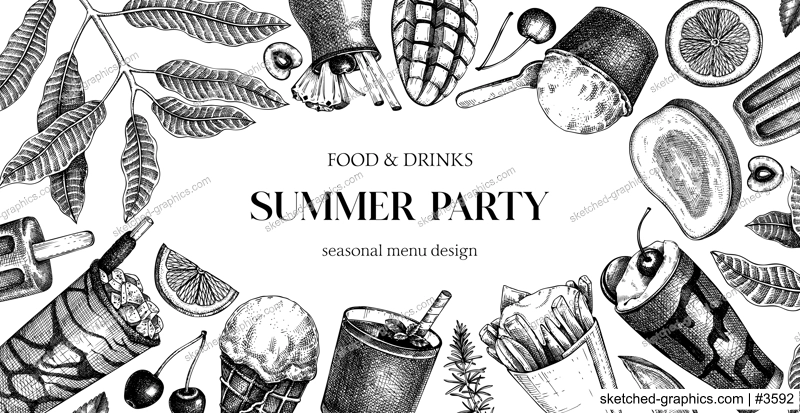Summer party background. Non-alcoholic beverage, mocktail, ice cream, fruit, cocktail sketches. Hand drawn vector illustration. Summer food and drinks banner. Tropical frame design. 