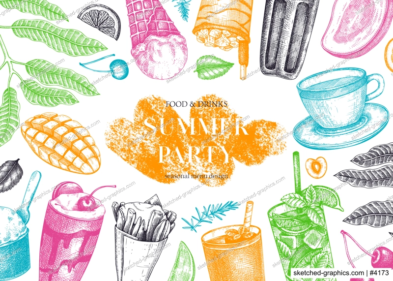 Summer party background. Non-alcoholic beverage, mocktail, ice cream, fruit, cocktail sketches. Hand drawn vector illustration. Summer food festival frame. Tropical design  in color
