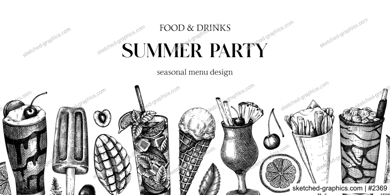 Summer party background. Non-alcoholic beverage, mocktail, ice cream, fruit, cocktail sketches. Hand drawn vector illustration. Summer food festival frame. Tropical design