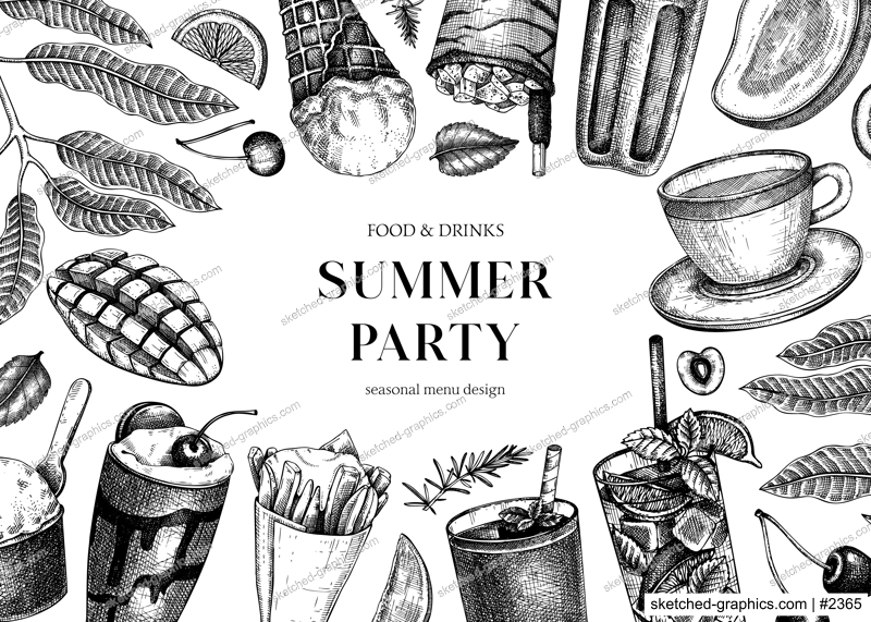 Summer party background. Non-alcoholic beverage, mocktail, ice cream, fruit, cocktail sketches. Hand drawn vector illustration. Summer food festival frame. Tropical design in vintage style