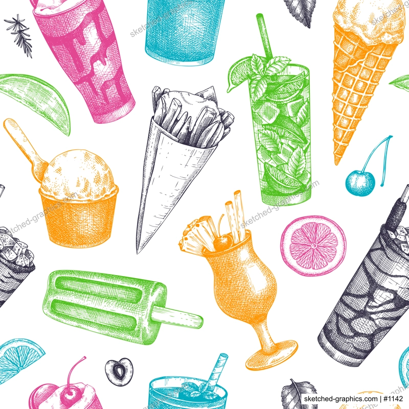 Summer party background. Tropical seamless pattern. Non-alcoholic beverage, mocktail, ice cream, fruit, cocktail sketches. Hand drawn vector illustration. Summer food and drinks design.