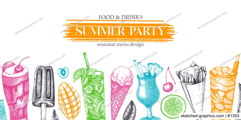 Summer party banner. Non-alcoholic beverage, mocktail, ice cream, fruit, cocktail sketches. Hand drawn vector illustration. Summer festival design, bar menu, tropical background