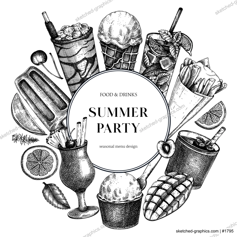 Summer party banner. Non-alcoholic beverage, mocktail, ice cream, fruit, cocktail sketches. Hand drawn vector illustration. Summer food and drinks. Vintage bar menu. Tropical design