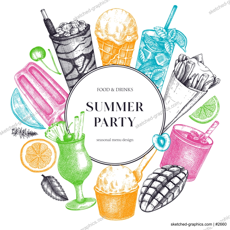 Summer party banner. Non-alcoholic beverage, mocktail, ice cream, fruit, cocktail sketches. Hand drawn vector illustration. Summer food and drinks. Bar menu. Tropical design