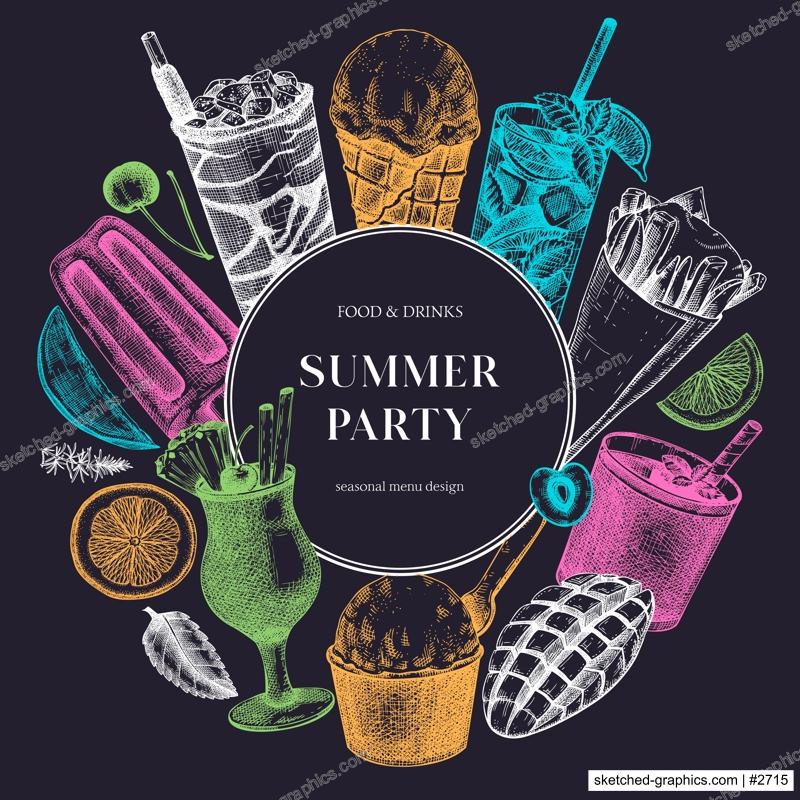 Summer party banner. Non-alcoholic beverage, mocktail, ice cream, fruit, cocktail sketches. Hand drawn vector illustration. Summer food and drink bar menu. Tropical design on chalkboard