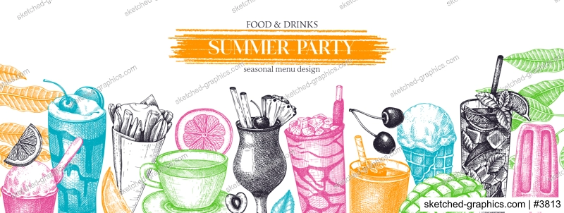 Summer party background. Non-alcoholic beverage, mocktail, ice cream, fruit, cocktail sketches. Hand drawn vector illustration. Summer food and drinks. Bar menu. Tropical design in color