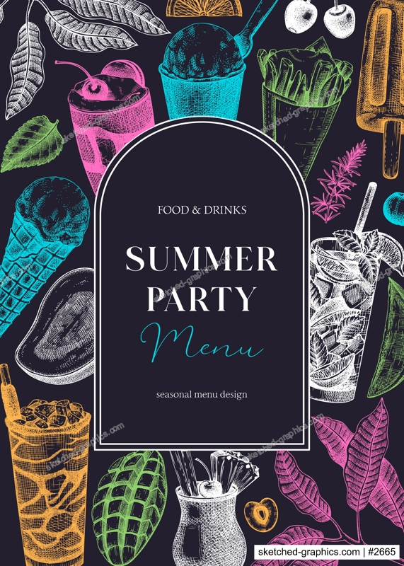 Summer party flyer design. Non-alcoholic beverage, mocktail, ice cream, fruit, cocktail sketches. Hand drawn vector illustration. Summer food and drinks. Tropical background, bar menu, poster design