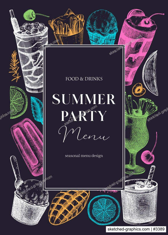 Summer party flyer design. Non-alcoholic beverage, mocktail, ice cream, fruit, cocktail sketches. Hand drawn vector illustration. Summer food and drinks. Tropical background, bar menu, poster design