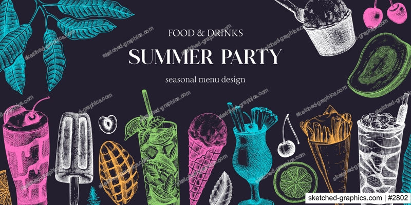 Summer party background. Non-alcoholic beverage, mocktail, ice cream, fruit, cocktail sketches. Hand drawn vector illustration. Summer food festival frame. Bar menu. Tropical design on chalkboard
