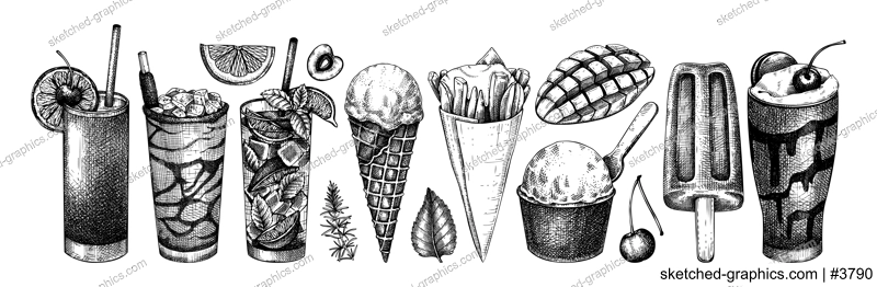 Summer party menu elements. Non-alcoholic beverage, mocktail, ice cream, fruit, cocktail sketches. Hand drawn vector illustration. Tropical design elements. Mojito, milkshake, mangonada, Pina Colada