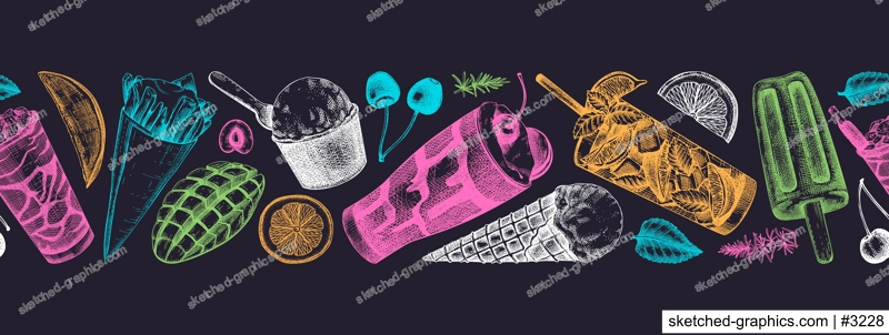 Summer party ribbon. Seamless pattern. Non-alcoholic beverage, mocktail, ice cream, fruit, cocktail sketches. Hand drawn vector illustration. Summer food festival. Tropical design.