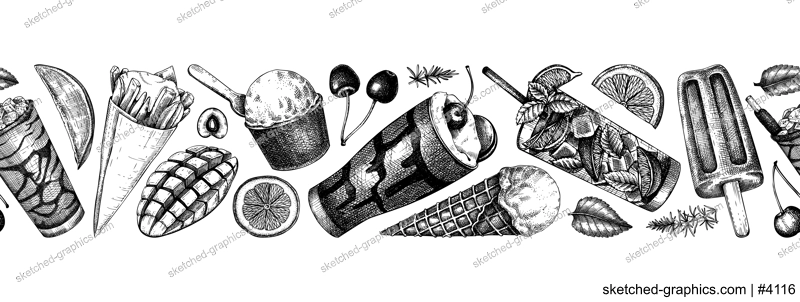 Summer party ribbon. Seamless pattern. Non-alcoholic beverage, mocktail, ice cream, fruit, cocktail sketches. Hand drawn vector illustration. Summer food festival. Tropical design. 