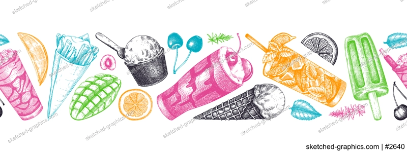 Summer party ribbon. Seamless pattern. Non-alcoholic beverage, mocktail, ice cream, fruit, cocktail sketches. Hand drawn vector illustration. Summer food festival. Tropical design. 