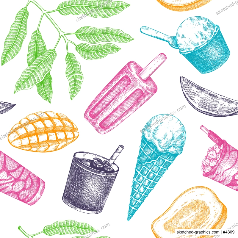 Summer party background. Tropical seamless pattern. Mango, ice cream, fruit, cocktail sketches. Hand drawn vector illustration. Summer food and drinks design. 