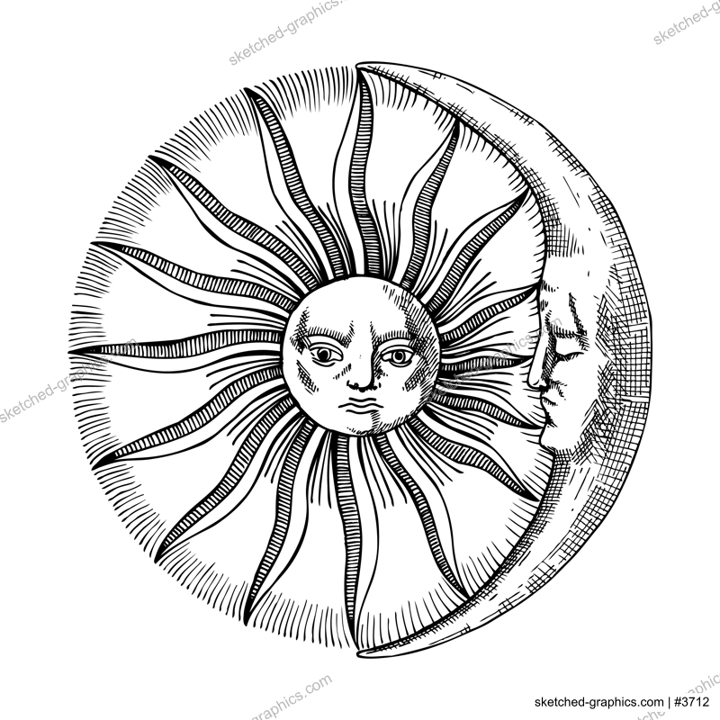 Vintage sun and crescent moon with face composition. Esoteric symbols of sun . Alchemical or mystical magic elements for tarot cards, banners, prints, tattoos, stickers. Hand-sketched illustration