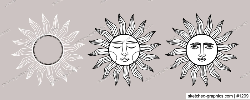 A set of esoteric symbols of sun. Alchemical or mystical magic elements for tarot cards, banners, posters, brochures, stickers. Esoteric astrological symbols. Line art