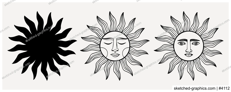 A set of esoteric symbols of sun. Alchemical or mystical magic elements for tarot cards, banners, posters, brochures, stickers. Esoteric astrological symbols. Line art drawing and silhouette
