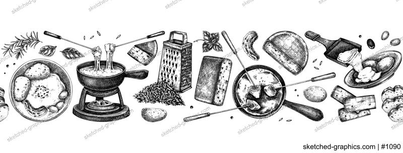 Swiss cheese borded design. Vintage food seamless background. Fondue and raclette sketches. Hand drawn vector illustration. NOT AI generated