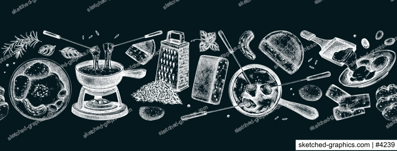 Swiss cheese borded design. Vintage food seamless background. Fondue and raclette chalk drawings. Hand drawn vector illustration. NOT AI generated