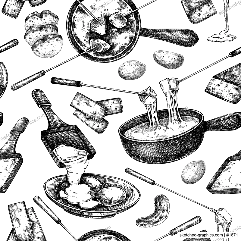 Swiss cheese fondue background. Melted cheese. Hand-drawn food illustrations. Dairy products seamless pattern. Menu design. NOT AI generated