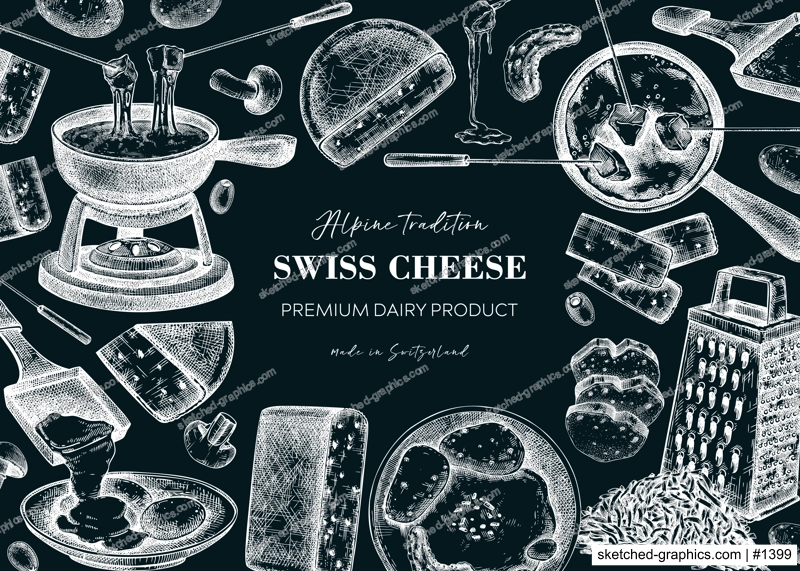 Swiss cheese hand drawn vector illustration. Vintage food background. Fondue and raclette sketches. Perfect restaurant menu, packaging, or prints. NOT AI generated