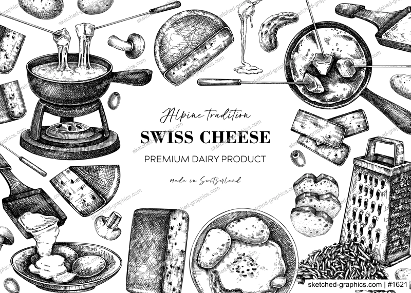 Swiss cheese hand drawn vector illustration. Vintage food background. Fondue and raclette sketches. Perfect restaurant menu, packaging, or prints. NOT AI generated