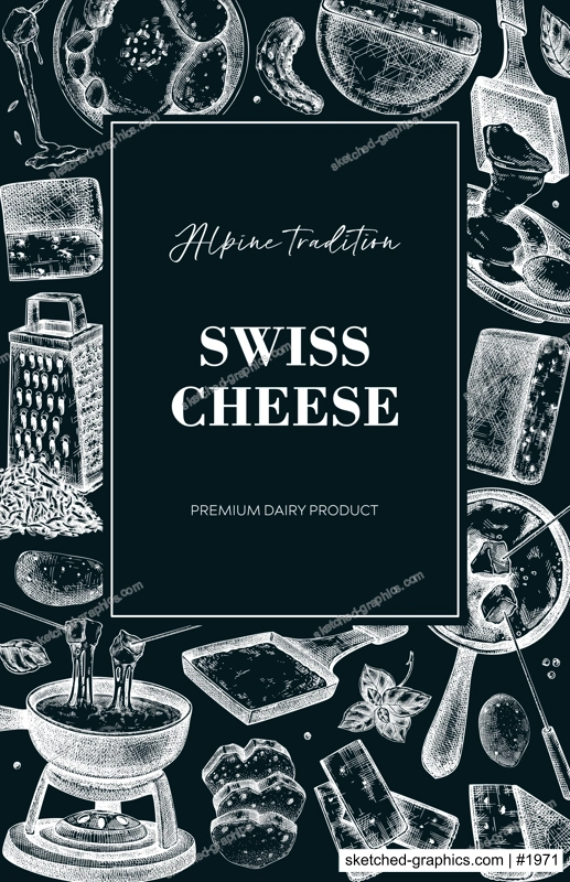 Swiss cheese hand-drawn vector illustration. Vintage food background. Fondue and raclette sketches. Perfect for restaurant menu, packaging, or book cover. NOT AI generated