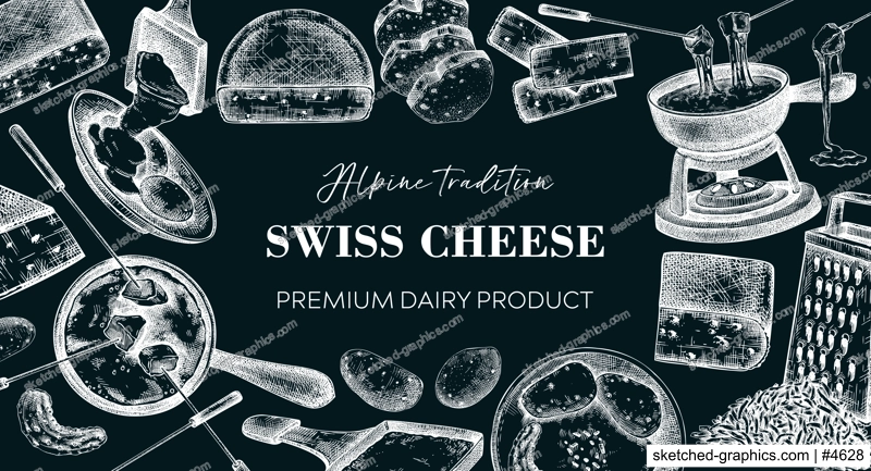 Swiss cheese hand drawn vector illustration. Vintage food background. Fondue and raclette sketches. Perfect restaurant menu, packaging, or prints. NOT AI generated