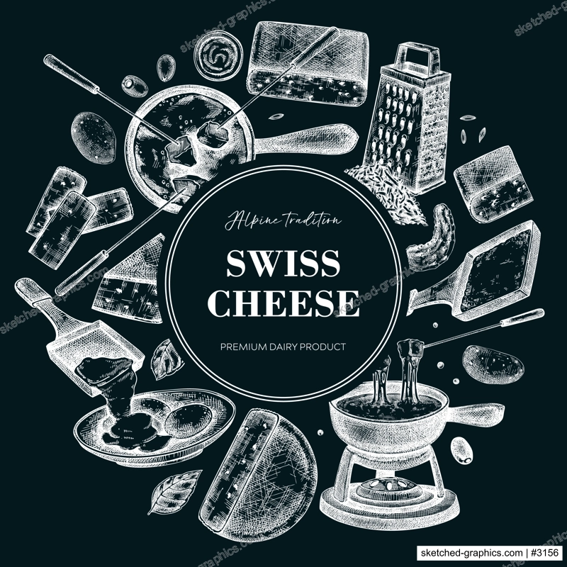 Swiss cheese hand drawn vector illustration. Vintage food label design. Fondue and raclette chalk drawings. Perfect for restaurant menu, packaging, or prints. NOT AI generated