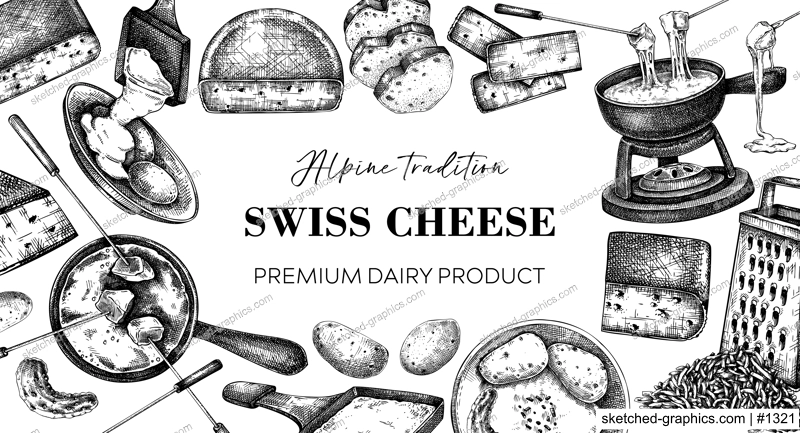 Swiss cheese hand drawn vector illustration. Vintage food background. Fondue and raclette sketches. Perfect restaurant menu, packaging, or prints. NOT AI generated
