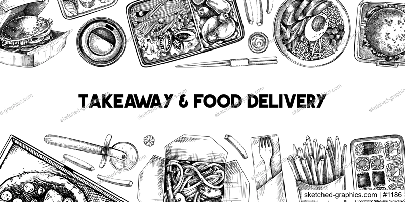 Takeaway and food delivery banner. Hand drawn vector illustration. Vintage style. Takeout food in paper box, fast food menu design. Pizza, burger, coffee, noodles, poke, sushi sketch