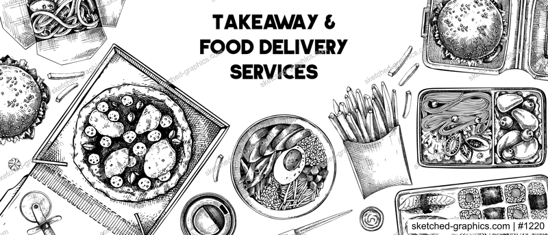 Takeaway and food delivery banner. Hand drawn vector illustration. Vintage style. Takeout food in paper box, fast food menu design. Pizza, burger, coffee, noodles, poke, sushi sketch