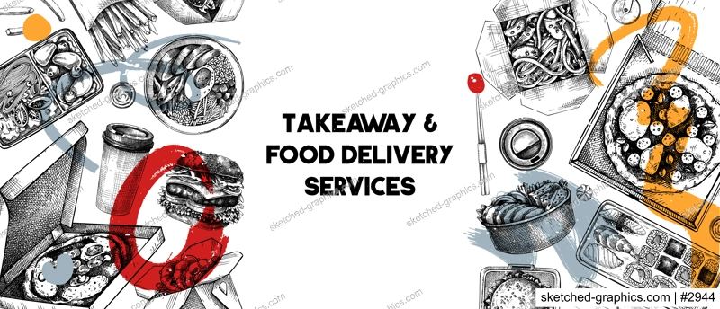 Takeaway and food delivery banner. Hand drawn vector illustration. Collage style background. Takeout food in paper box, fast food menu design. Pizza, burger, coffee, noodles, poke, sushi sketch