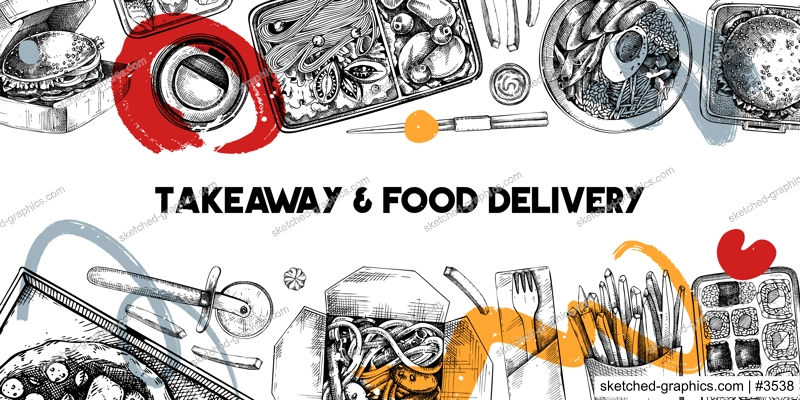 Takeaway and food delivery banner. Hand drawn vector illustration. Collage style background. Takeout food in paper box, fast food menu design. Pizza, burger, coffee, noodles, poke, sushi sketch
