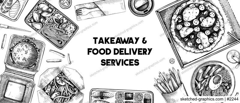 Takeaway and food delivery banner. Hand drawn vector illustration. Vintage style. Takeout food in paper box, fast food menu design. Pizza, burger, coffee, noodles, poke, sushi sketch