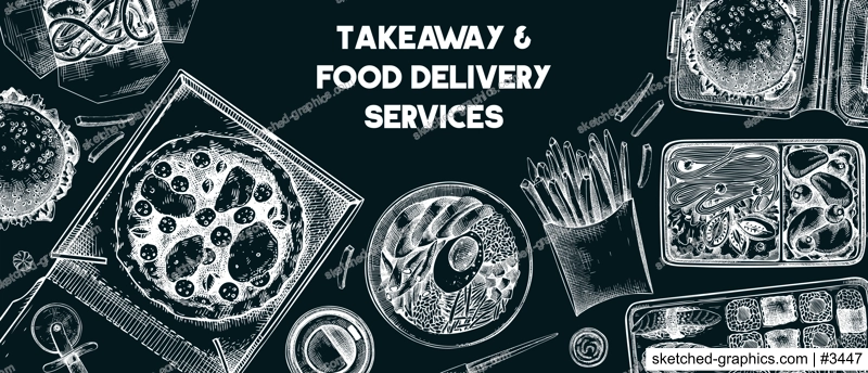 Takeaway and food delivery frame. Hand drawn vector illustration on chalkboard. Takeout food in paper box, fast food menu design. Pizza, burger, coffee, noodles, poke, sushi sketch