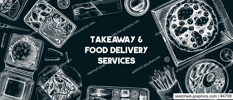 Takeaway and food delivery frame. Hand drawn vector illustration on chalkboard. Takeout food in paper box, fast food menu design. Pizza, burger, coffee, noodles, poke, sushi sketch