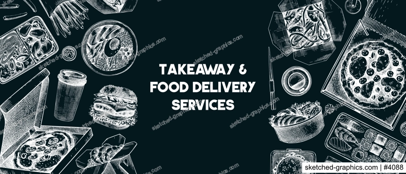 Takeaway and food delivery frame. Hand drawn vector illustration on chalkboard. Takeout food in paper box, fast food menu design. Pizza, burger, coffee, noodles, poke, sushi sketch