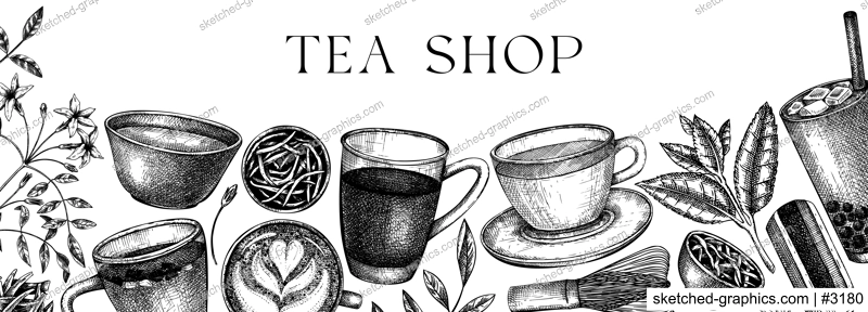 Hand-sketched tea drinks and ingredients banner in color. Vector sketches of hot beverage cups, dried leaves, jasmine blossoms background. Popular tea design for cafe or restaurant menu. 