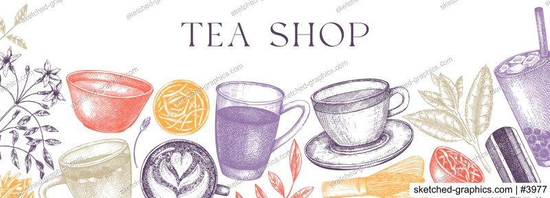 Hand-sketched tea drinks and ingredients banner in color. Vector sketches of hot beverage cups, dried leaves, jasmine blossoms background. Popular tea design for cafe or restaurant menu. 