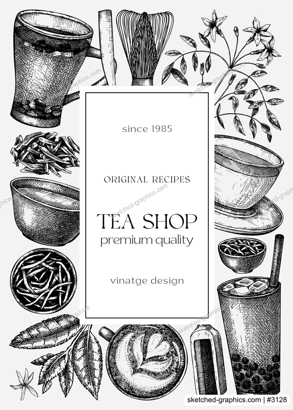 Hand-sketched tea drinks card or invitation template. Vintage teacups, glasses, leaves, flowers hand drawings frame. Tea beverages flyer design. Perfect for recipe, menu, label, packaging. 